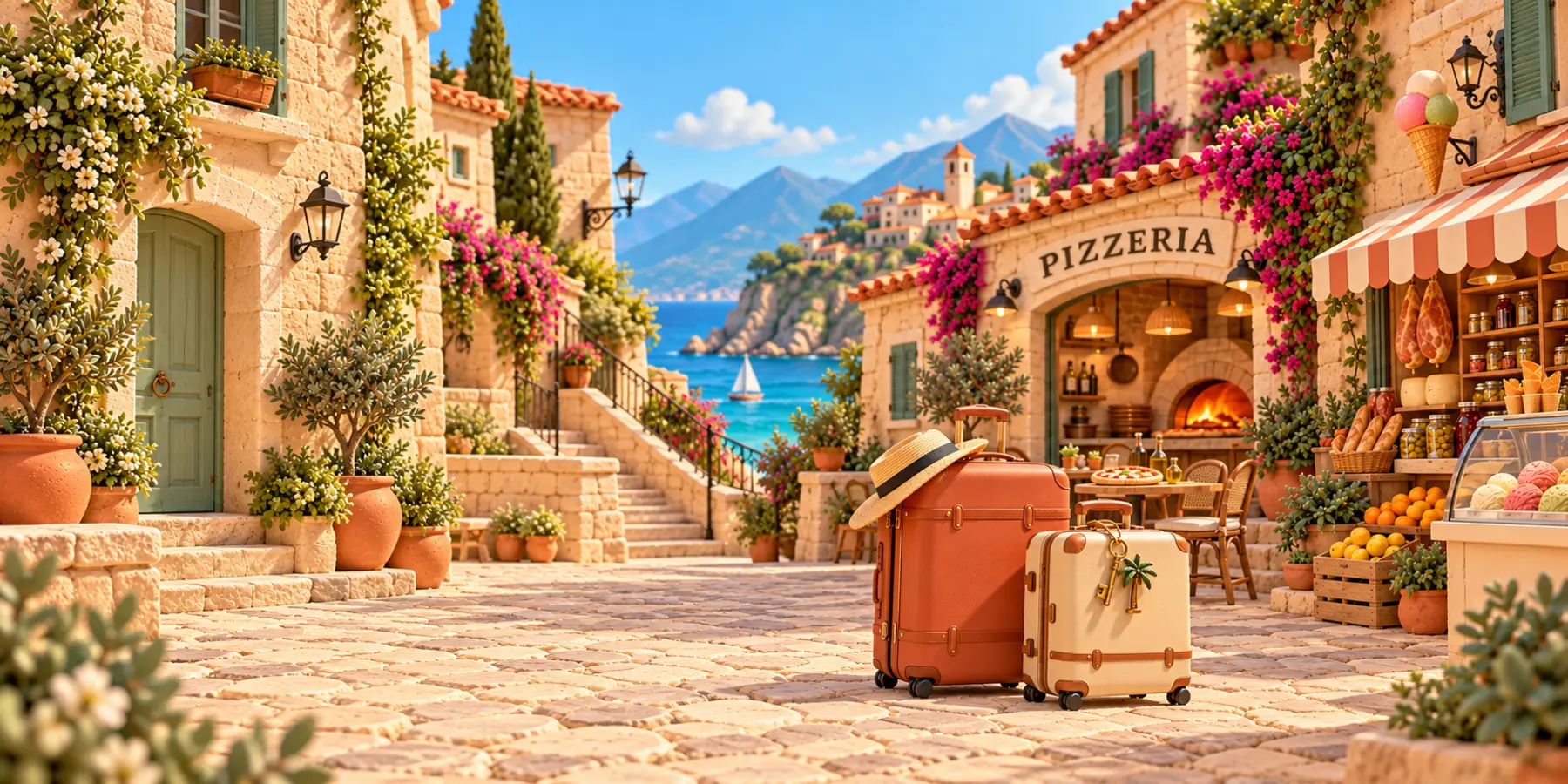 Illustration Andemu : des valises sur une place corse, entre logements, pizzeria et commerces