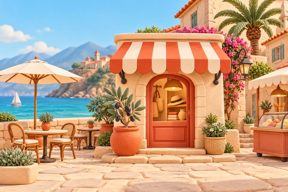 Illustration de commerces et d’une terrasse en bord de mer corse, aux couleurs Andemu
