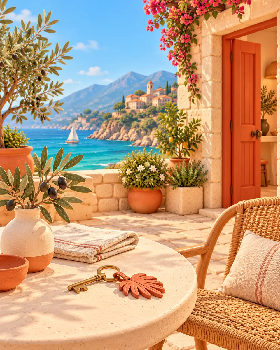 Illustration d’une terrasse corse accueillante, avec des clés et une vue sur la mer